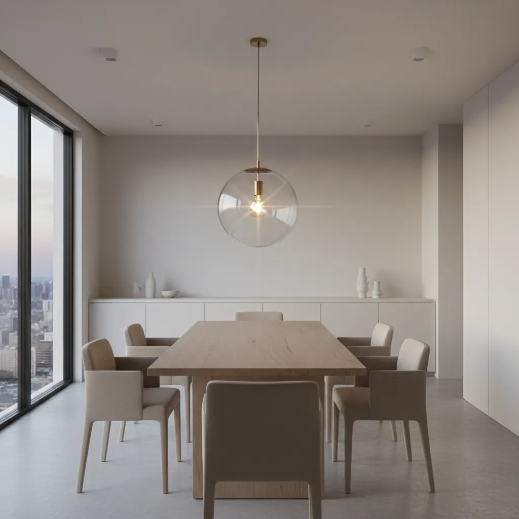 example of exposed bulb glare from glass pendant in low ceiling dining space