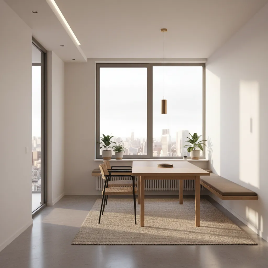 Dining table placed along wall improving traffic flow