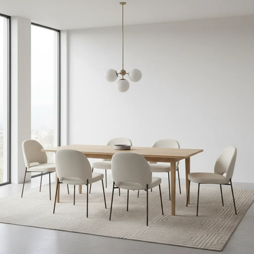 Dining table and chairs placed on a 7x9 rug in a modern dining room