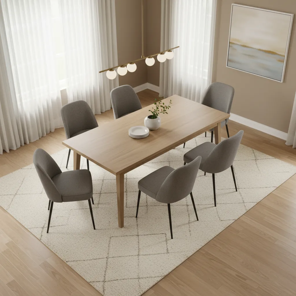 Dining table and chairs placed on an 8 x 10 rug showing correct proportions