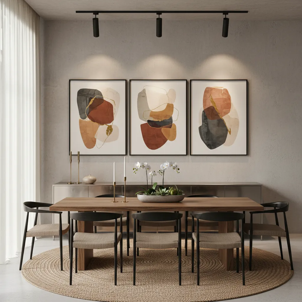 Dining room wall art illuminated with angled lighting to prevent glare