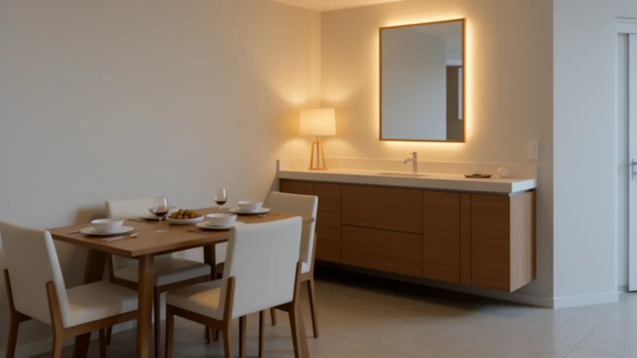 compact vanity cabinet with wash basin in dining room wall