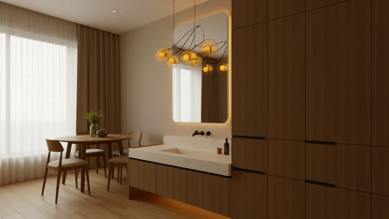 Dining room wash basin integrated with wooden storage cabinet