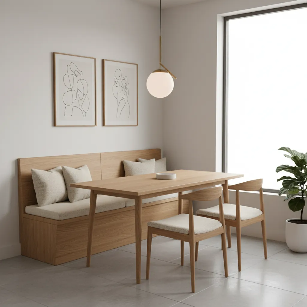 small dining room with bench seating and pendant lighting over table