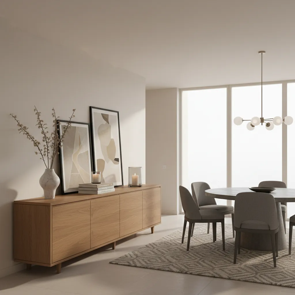 modern dining room buffet with layered decor and artwork