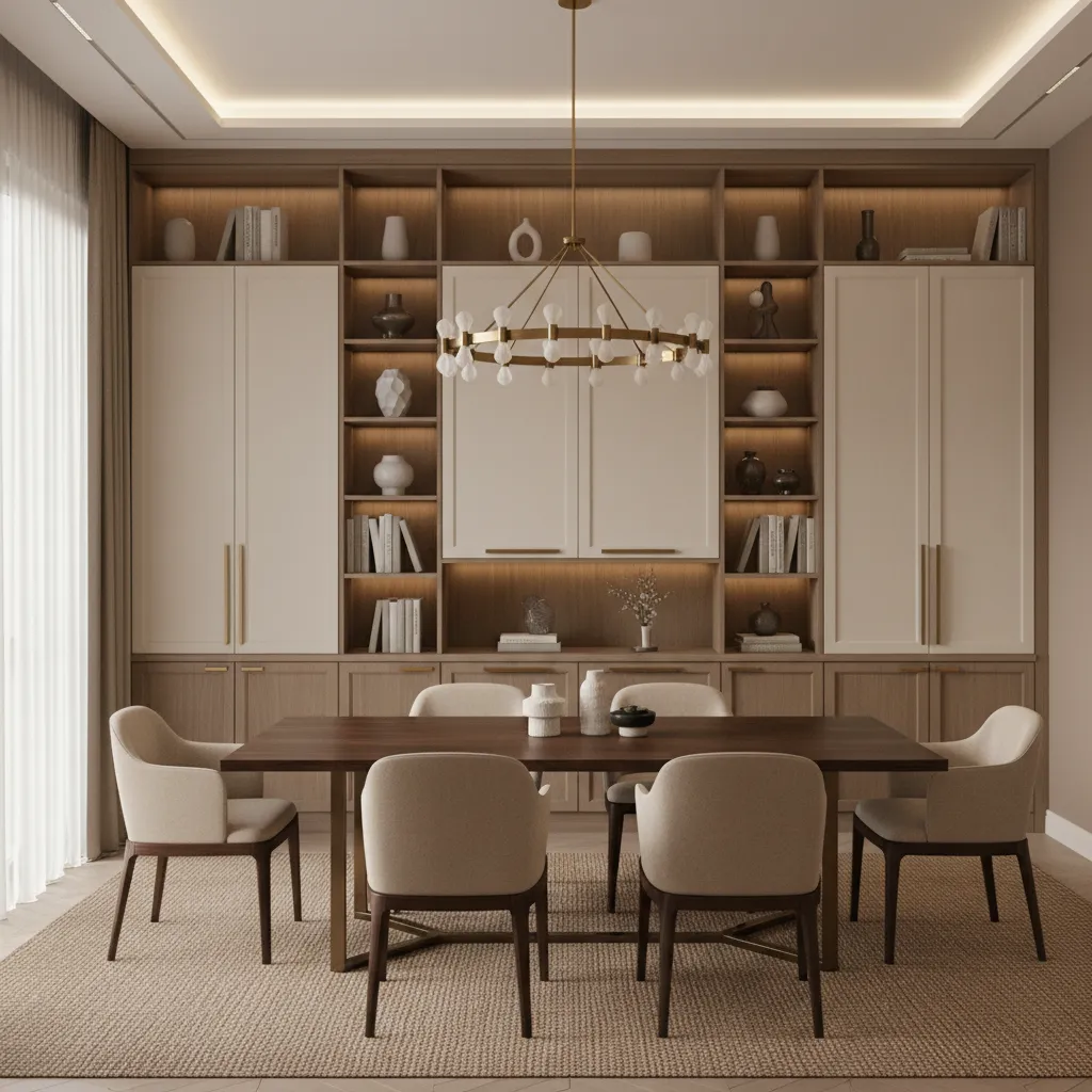 Dining room with wall-to-wall built in cabinets and shelving