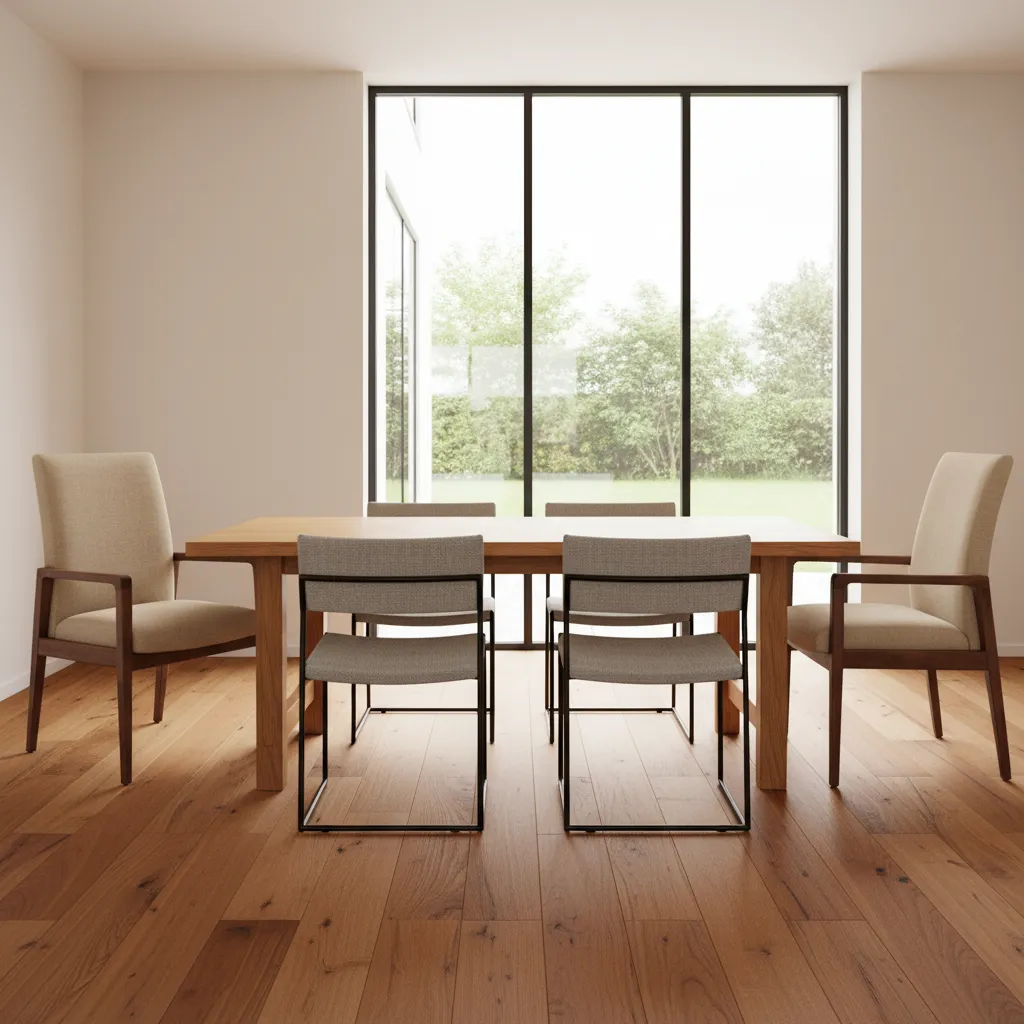 Dining room with captain chairs placed at the heads of a rectangular dining table