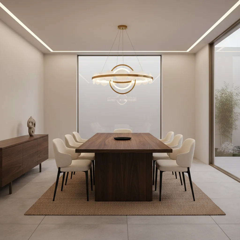 Dining room with properly scaled chandelier over rectangular dining table