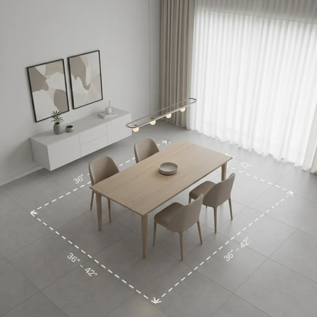 Dining table circulation spacing diagram showing walkway clearances