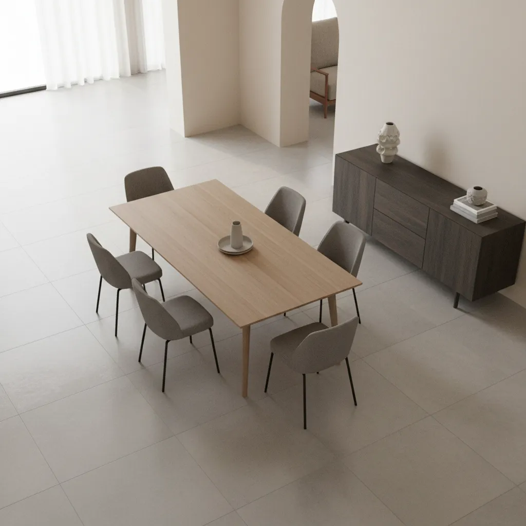 Dining room layout showing circulation space around table and sideboard