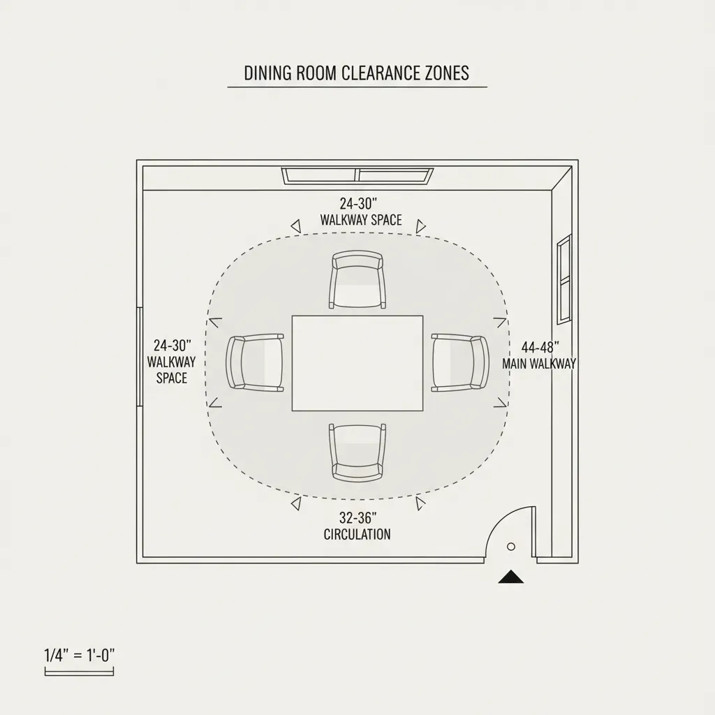 diagram showing recommended clearance around dining table and chairs
