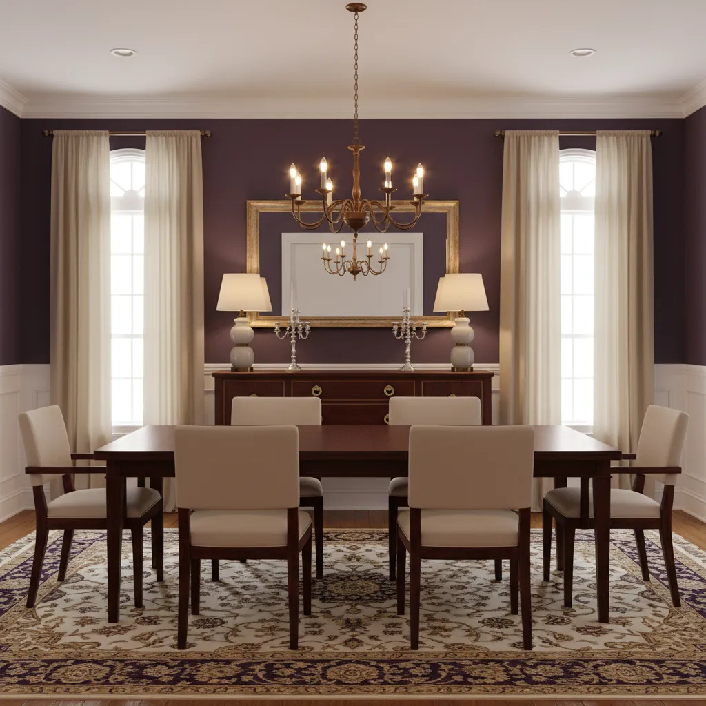 Dining room showing color balance between purple walls and dark wood furniture