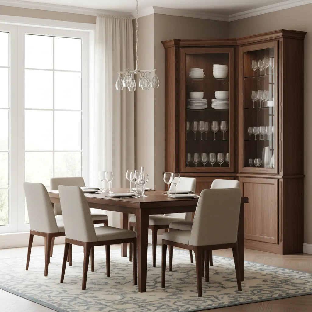 Traditional wooden corner cabinet storing dishes in a dining room