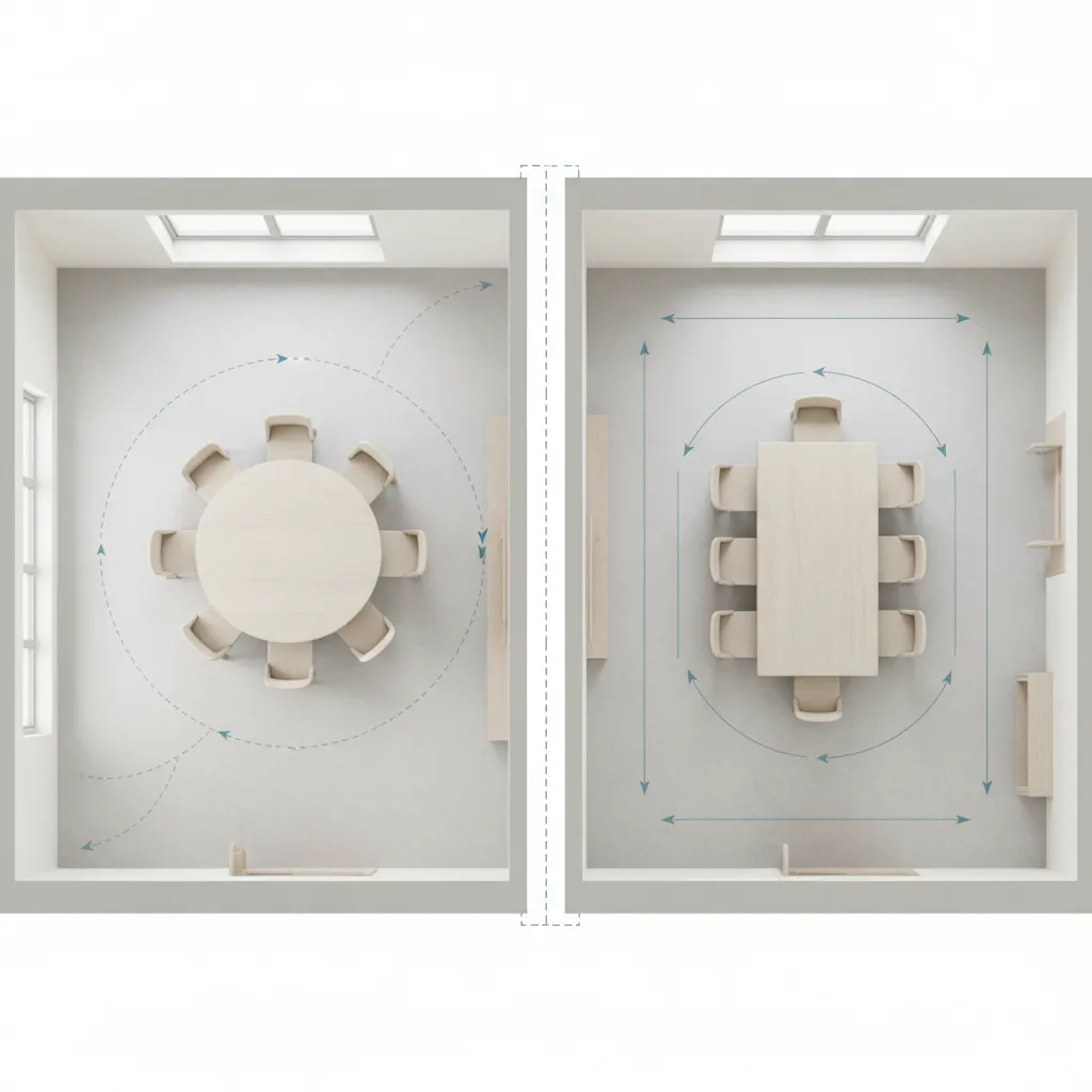 top view floor plan comparing round and rectangular dining table placement