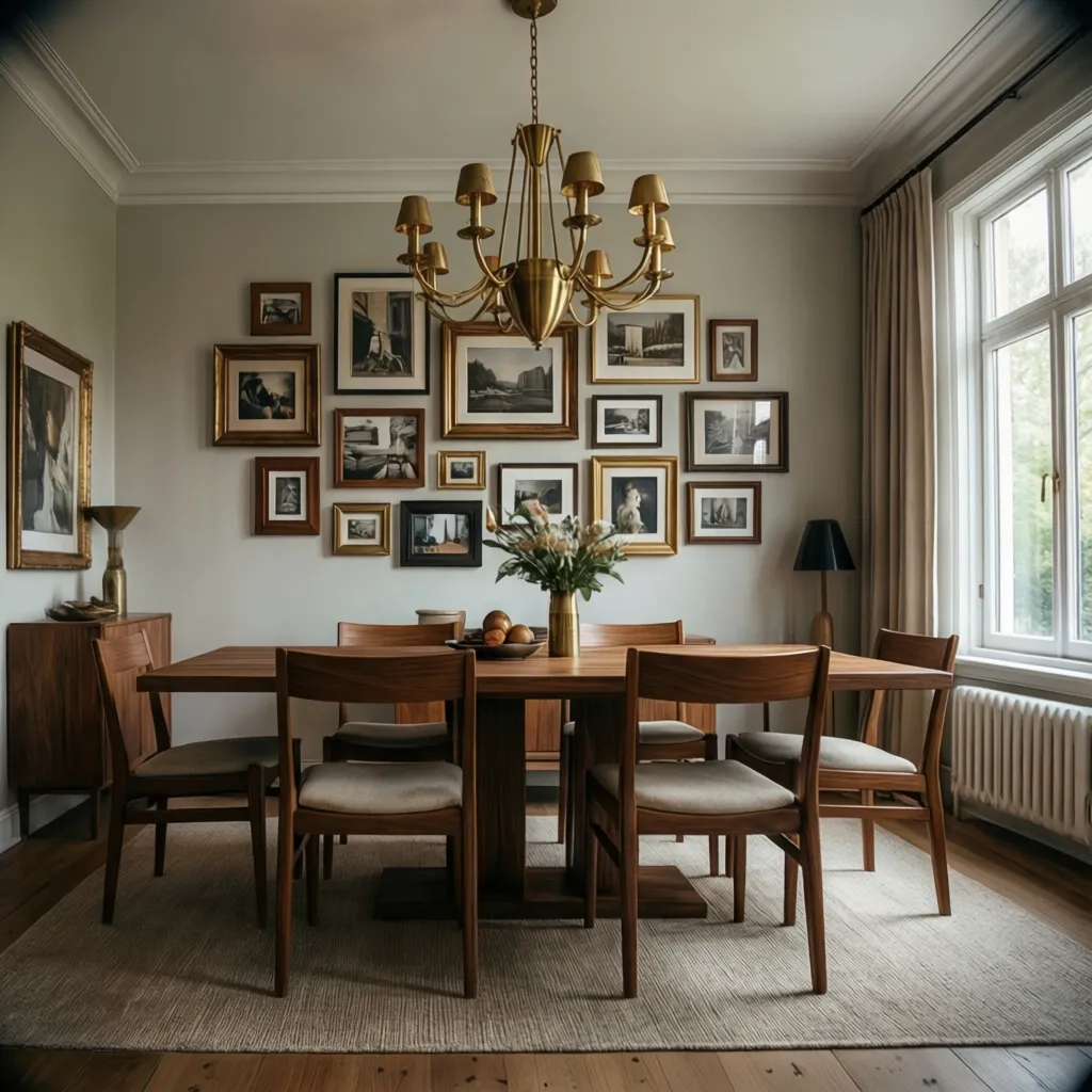 Dining room wall art with coordinated wood and brass picture frames