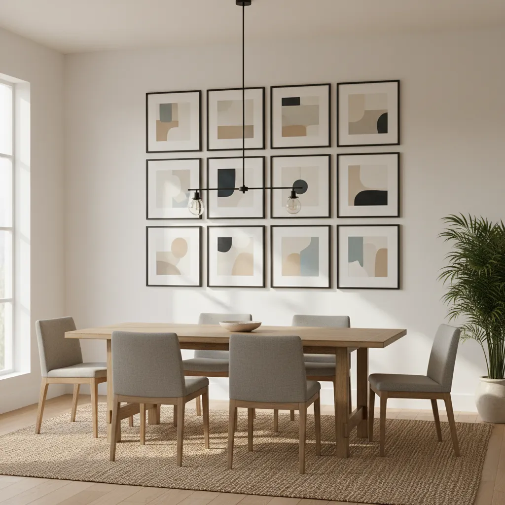 Dining room wall with organized gallery of framed art