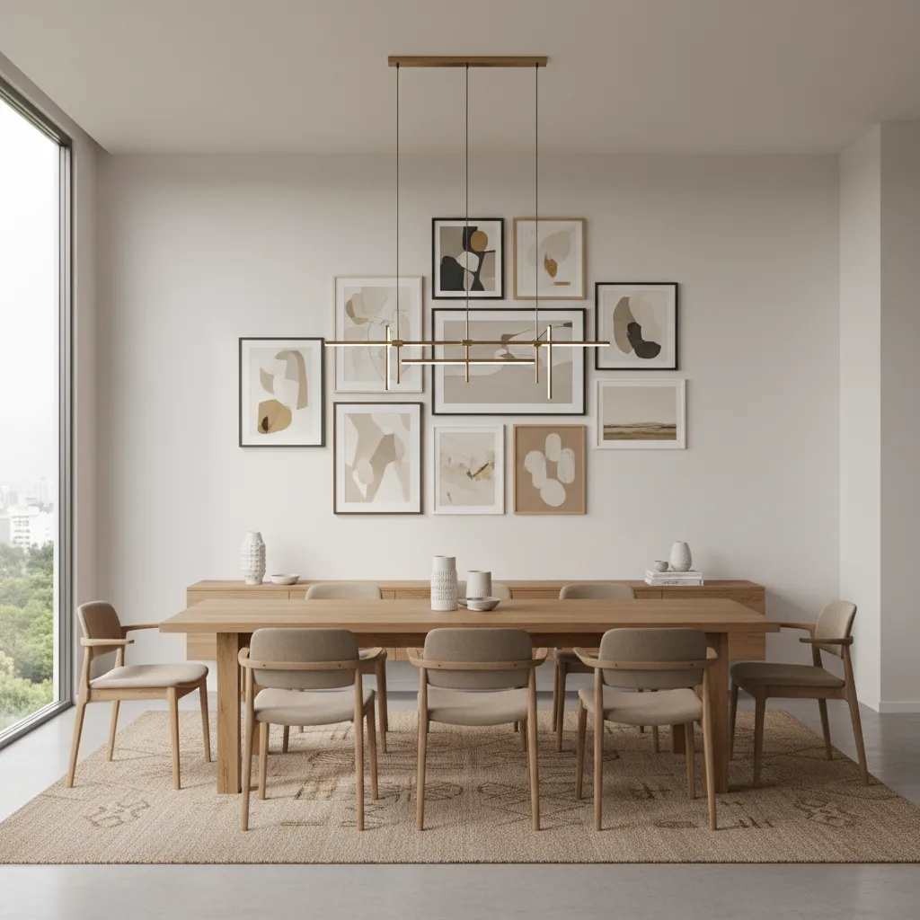 Dining room with balanced gallery wall above a rectangular dining table