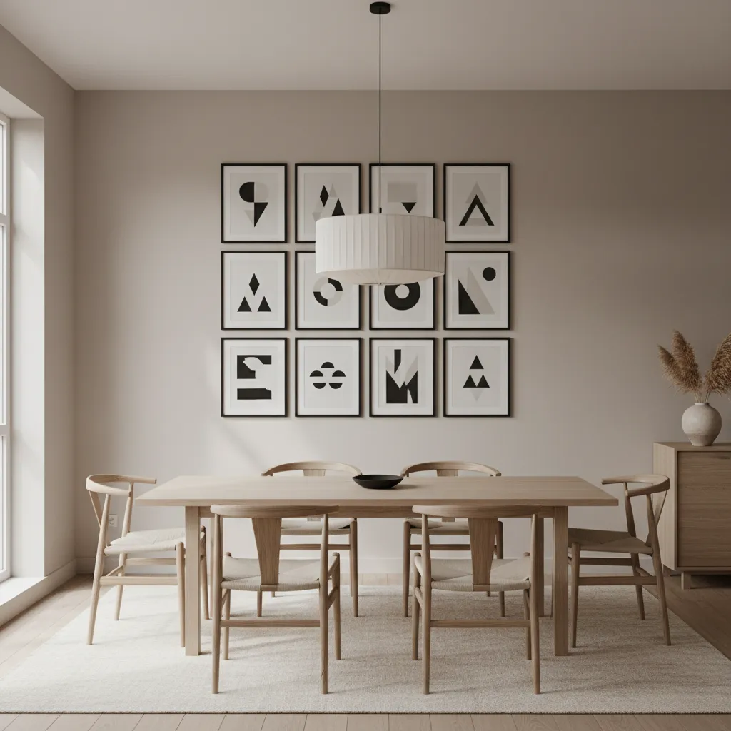 modern dining room with balanced gallery wall above dining table
