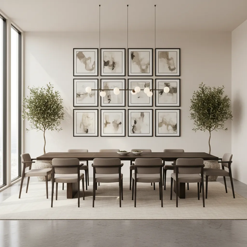 structured gallery wall arrangement above dining table