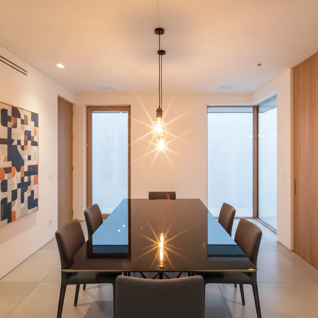 Dining room light causing glare from exposed bulb above glossy table