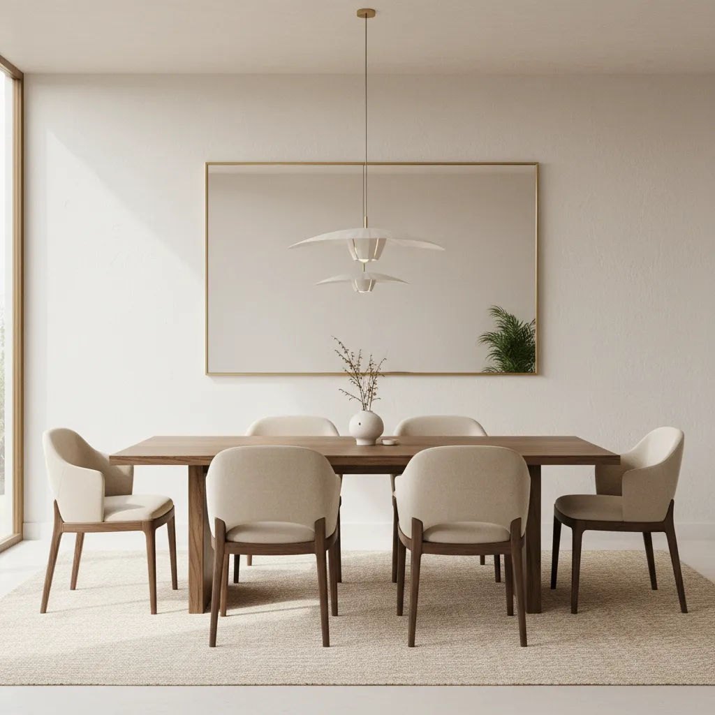 Dining room with large wall mirror reflecting light above a wooden dining table