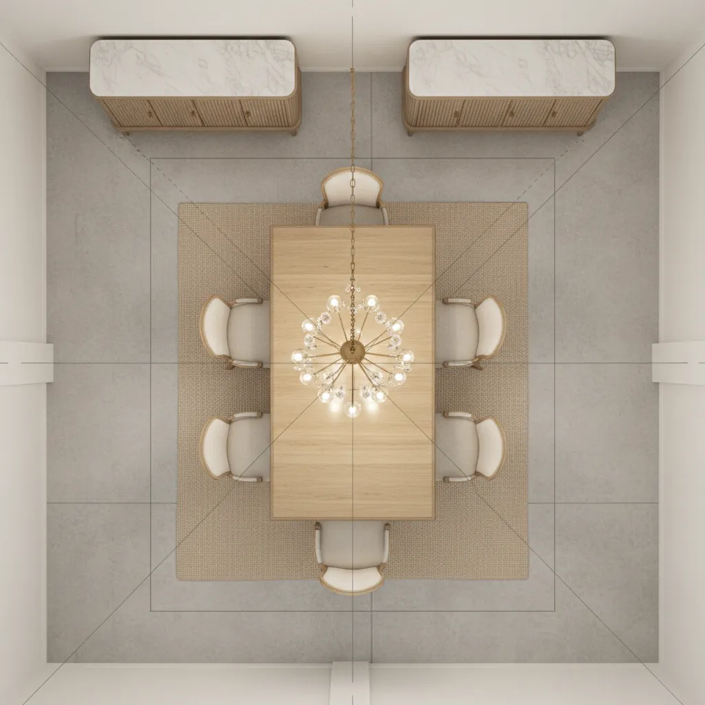 Dining room layout showing central axis alignment of table and chandelier