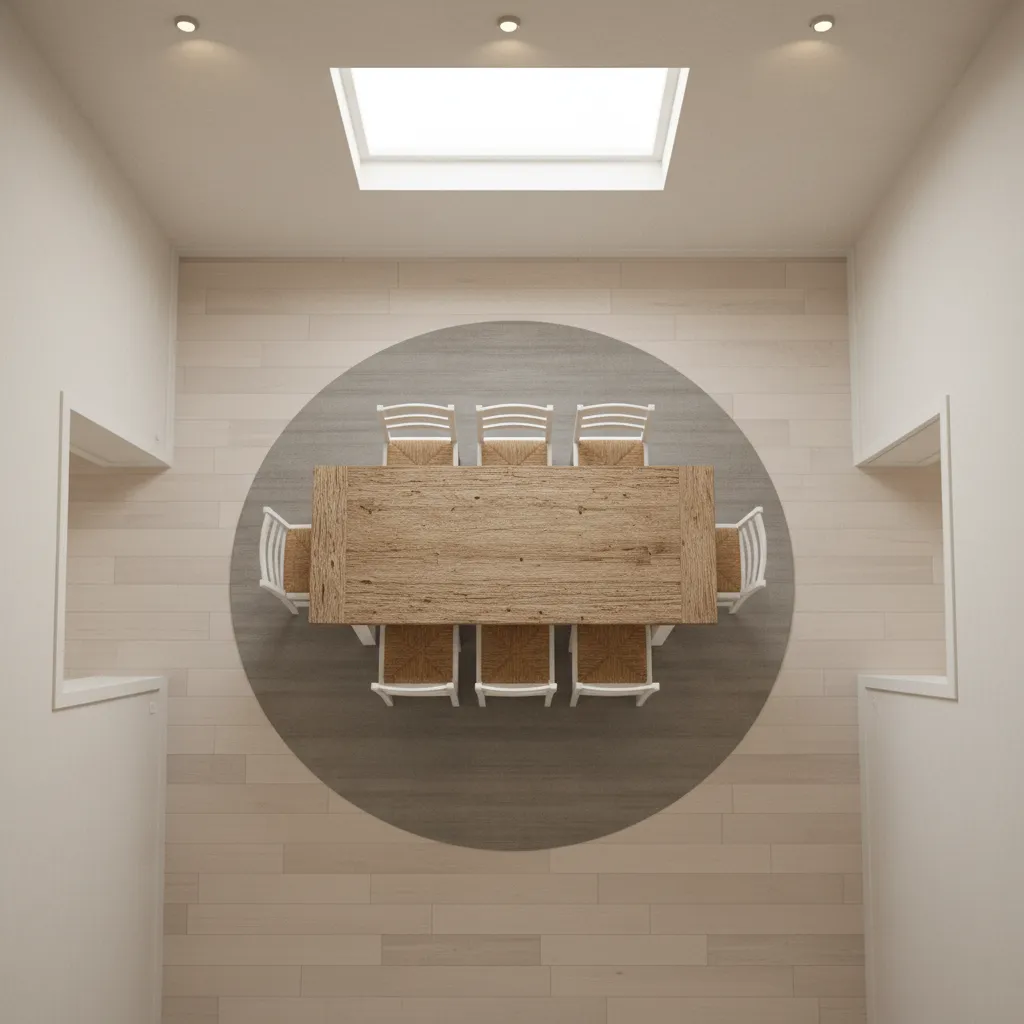 Dining room layout showing spacing around a farmhouse dining table