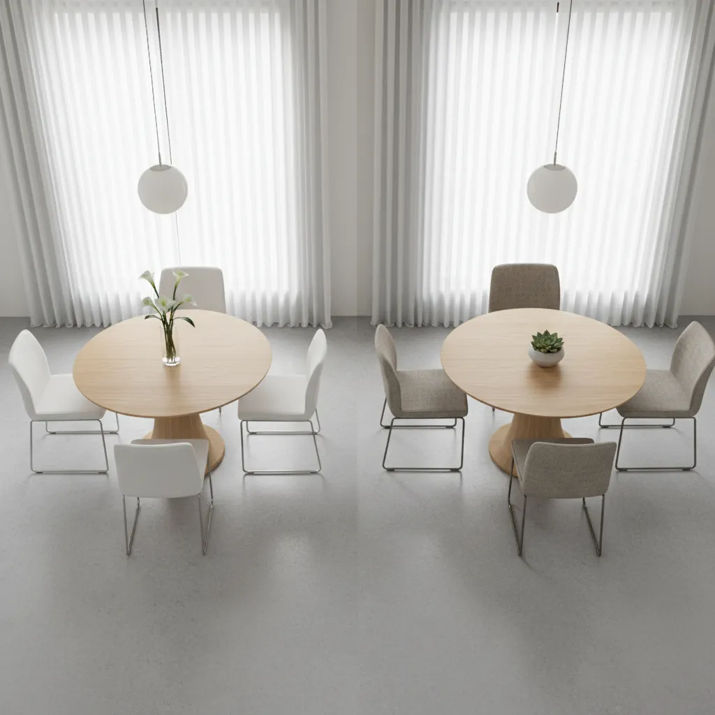 Comparison of visual weight between leather and fabric dining chairs in small layout