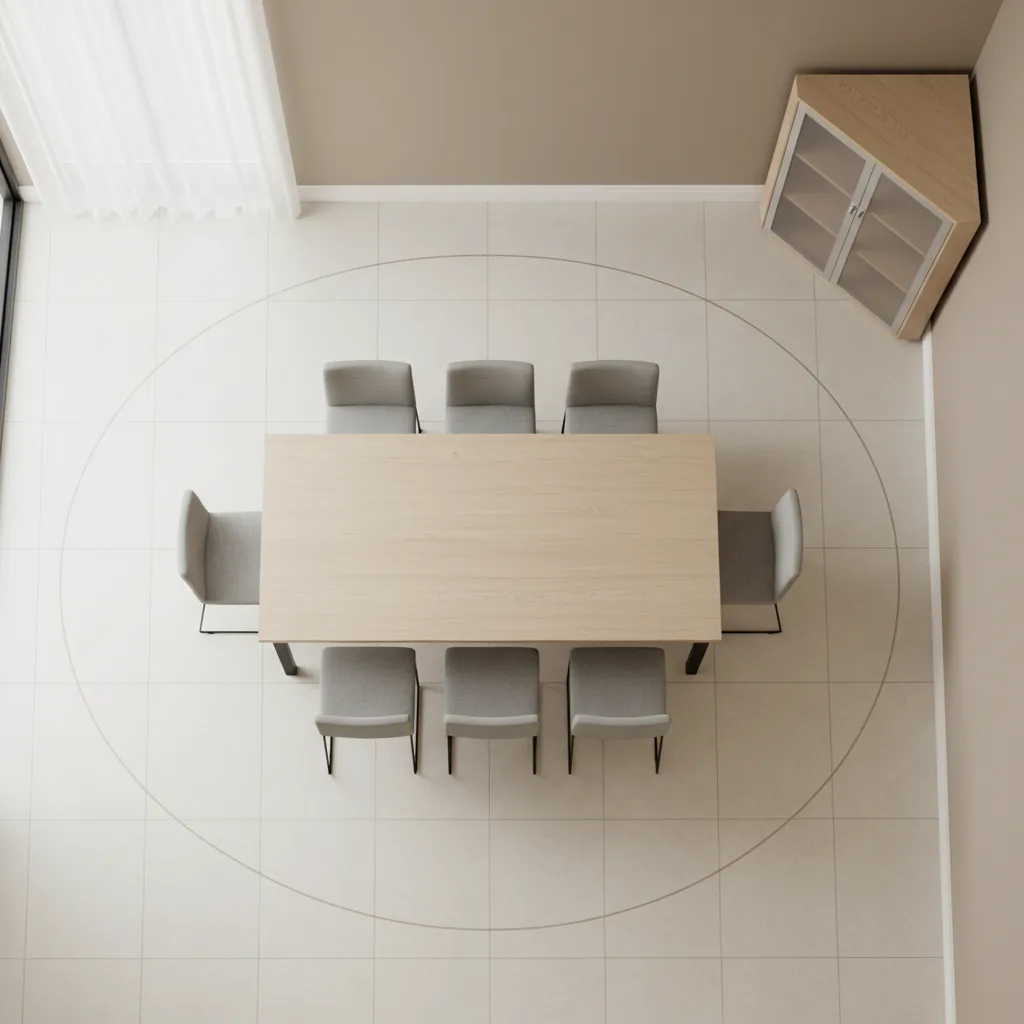 Dining room layout showing circulation space around corner cabinet
