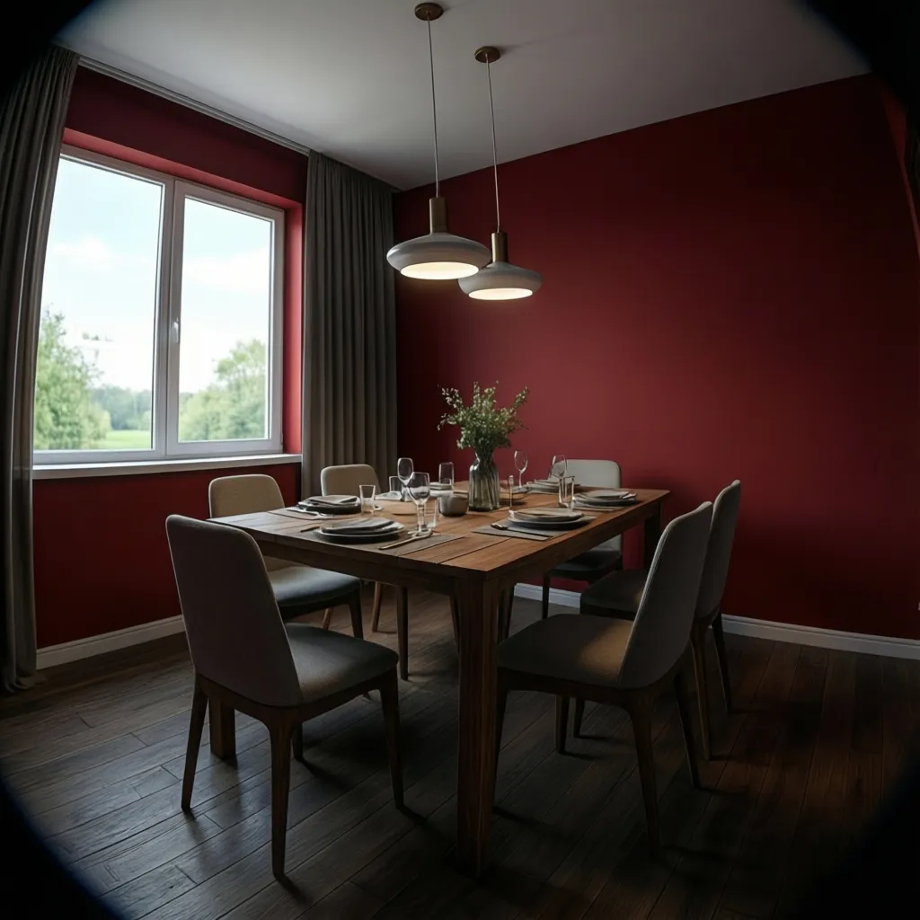 Dining room layout with deep red walls and balanced lighting