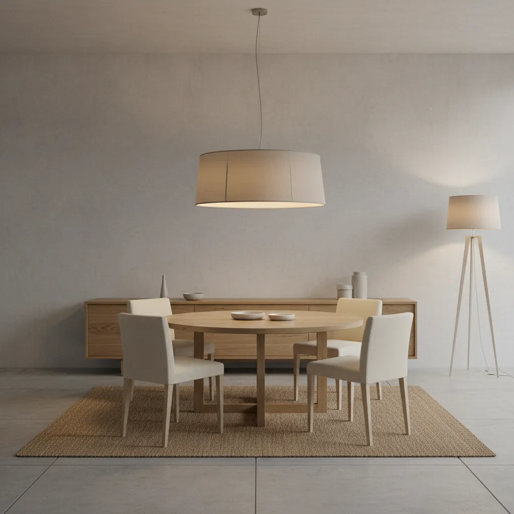 Dining table evenly illuminated by a wide pendant light fixture