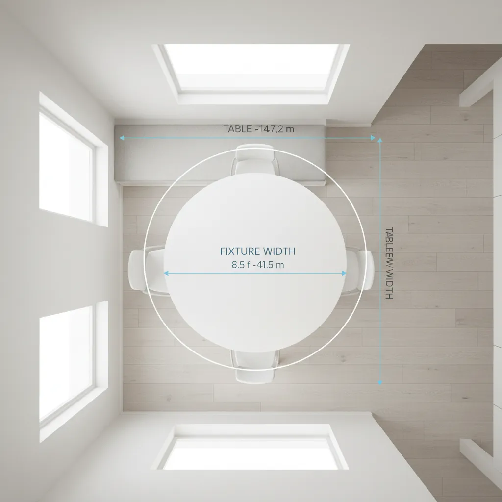 Diagram showing dining table width and recommended ceiling light diameter