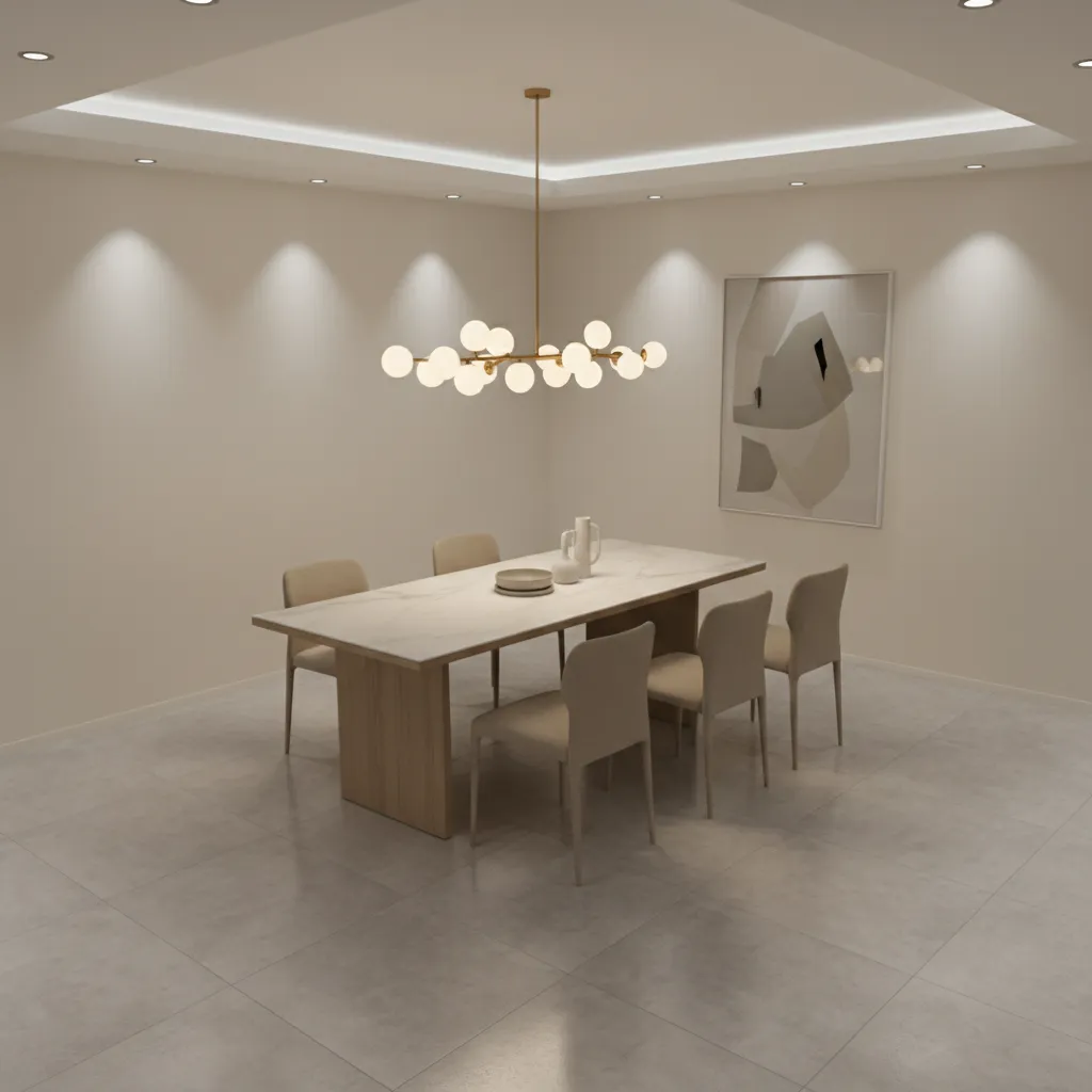 Diagram style dining room lighting layers showing chandelier and recessed lights