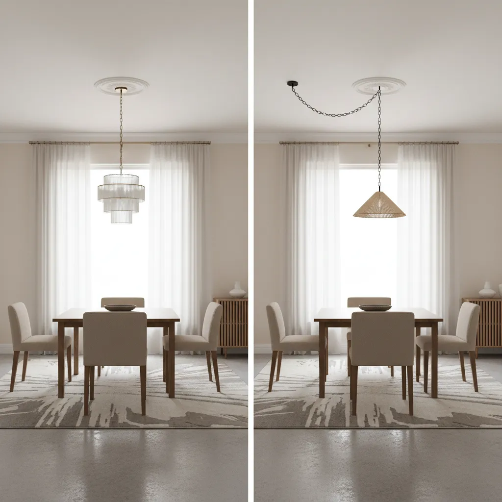 Diagram style comparison of chandelier centered lighting vs swag lamp offset lighting