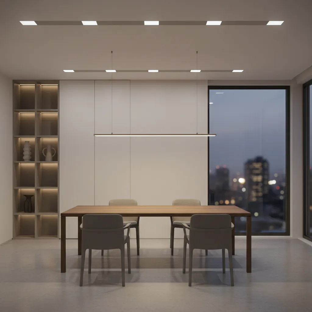 3D render preview showing lighting distribution in a dining room