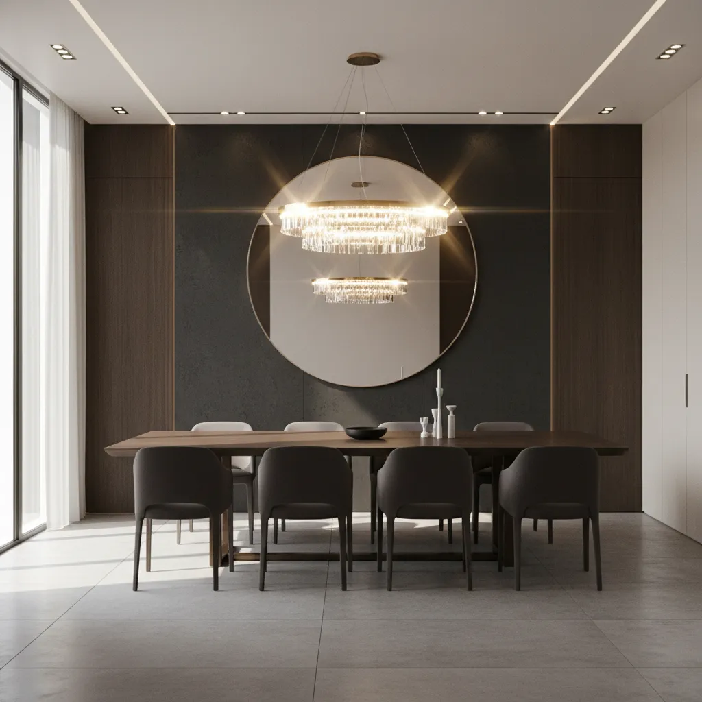 Dining room mirror reflecting bright chandelier causing glare