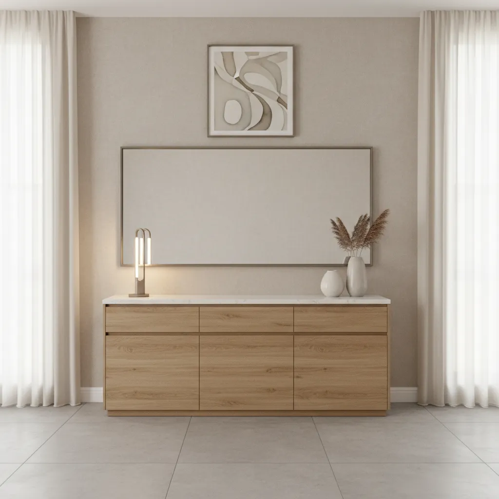 Dining room mirror mounted at correct height above buffet with balanced spacing