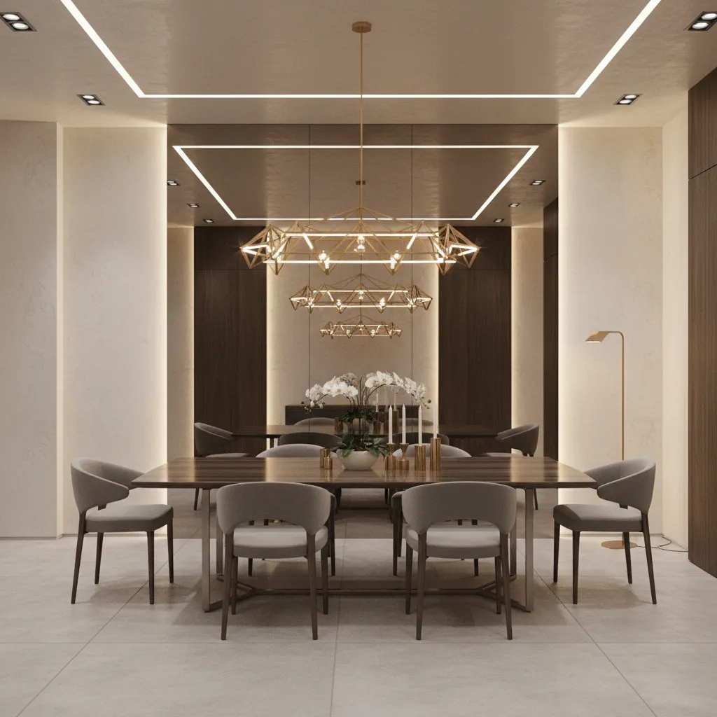 large wall mirror reflecting chandelier light in dining room