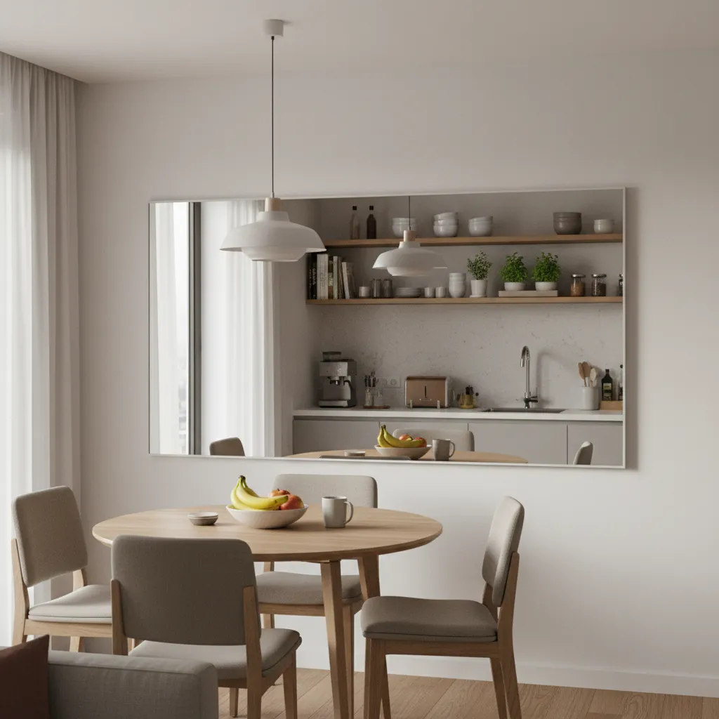 Dining room mirror reflecting cluttered kitchen counter behind table