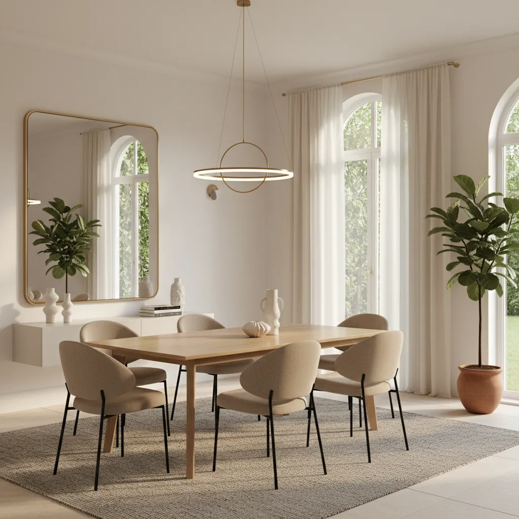Dining room mirror reflecting natural light from nearby window