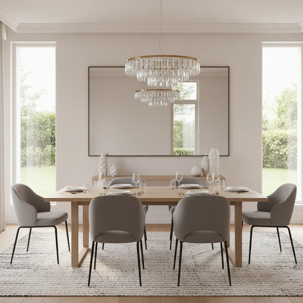 Dining room wall mirror reflecting chandelier and window creating balanced focal point