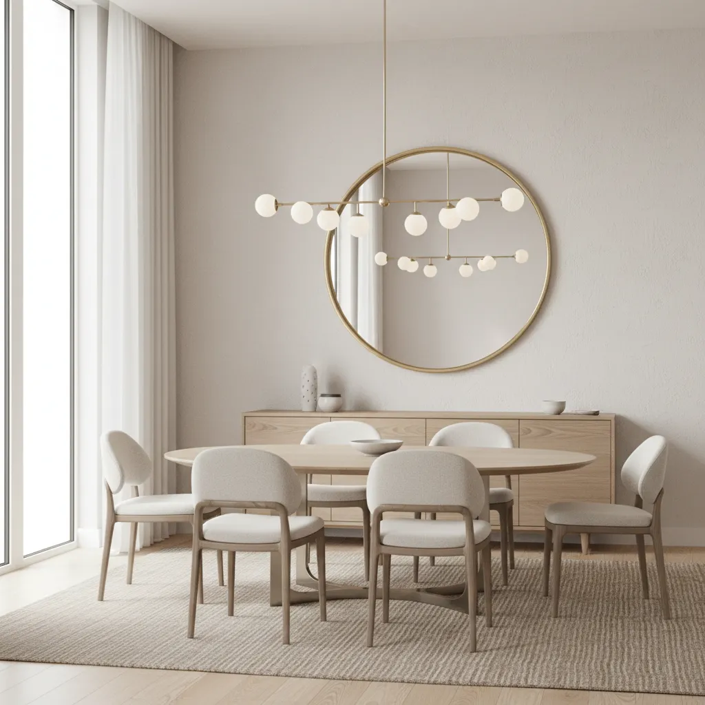 Dining room with large round mirror reflecting natural light