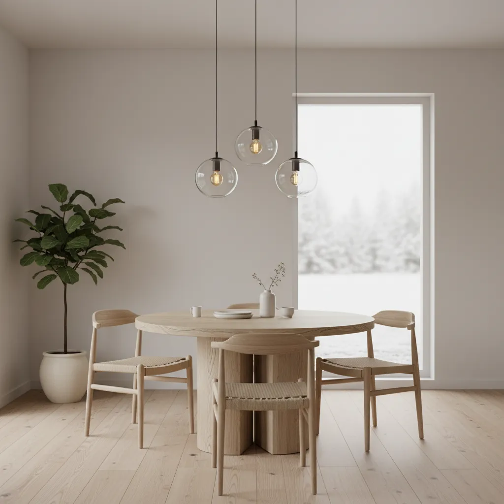 Cluster of glass pendant lights above a round dining table