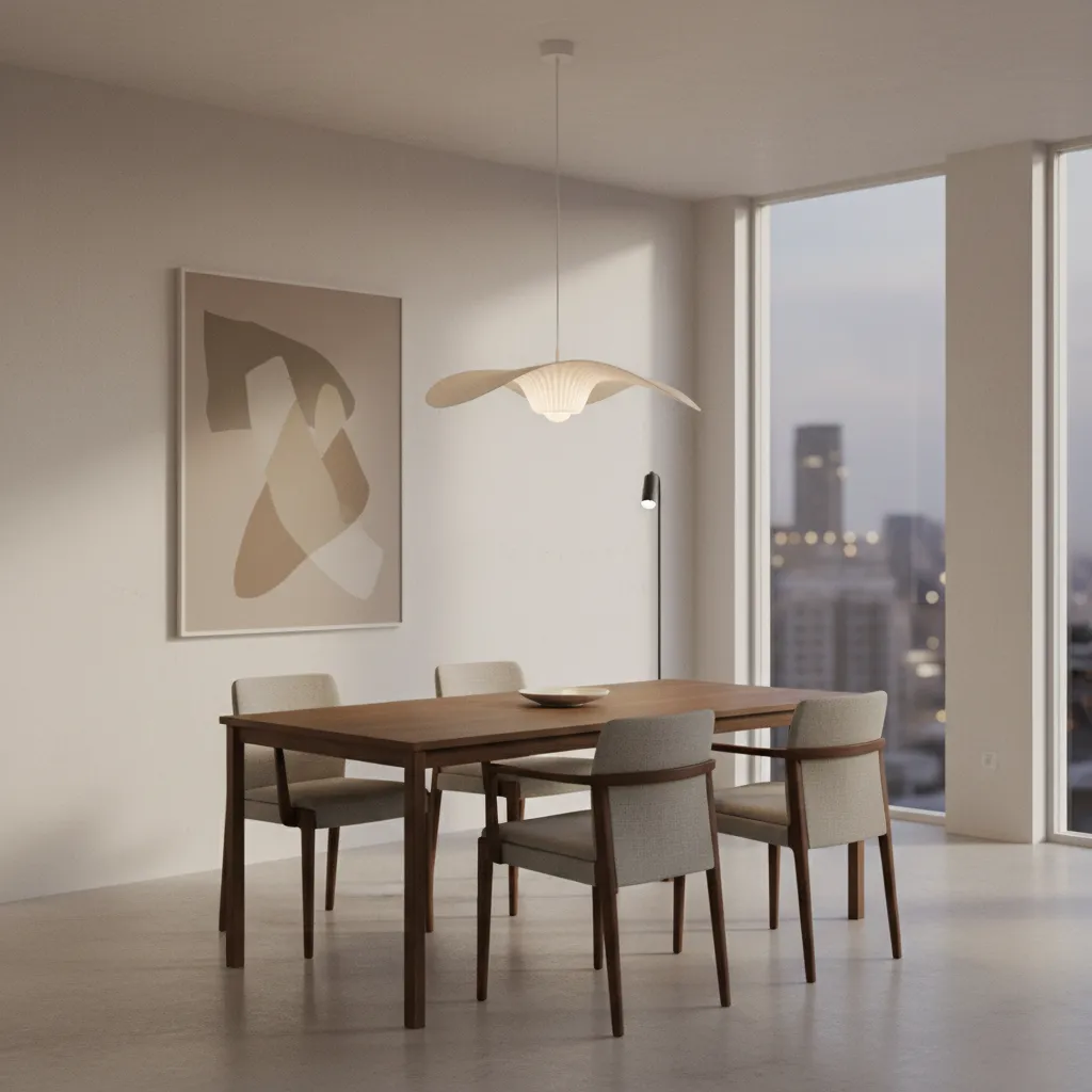 Pendant light centered above dining table creating focal point