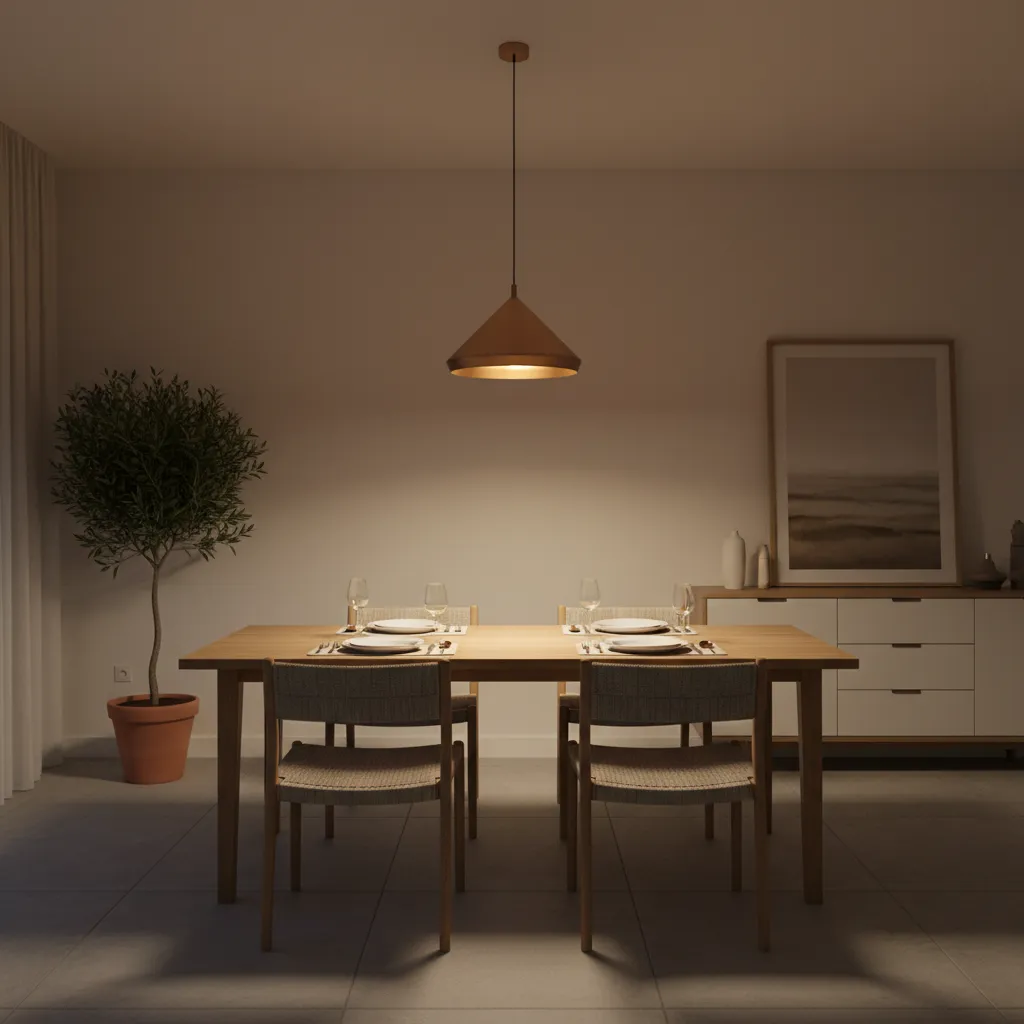 Warm pendant light hanging above dining table creating cozy dining atmosphere