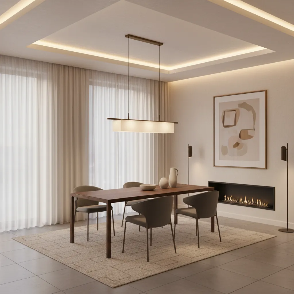 Dining room interior showing balanced recessed lighting ambience