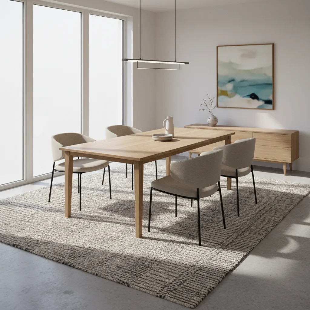 Dining table with rug extending beyond chairs showing correct clearance