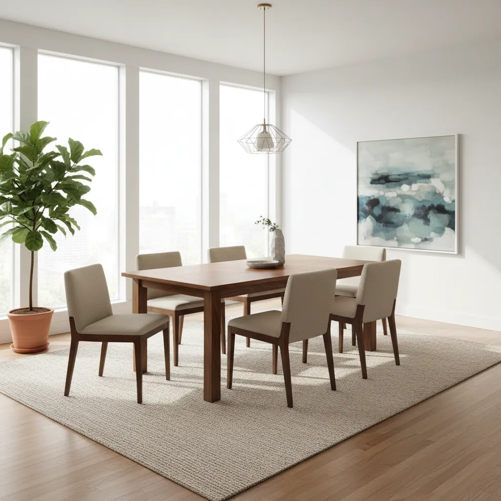 dining chairs pulled out on large rug showing proper clearance