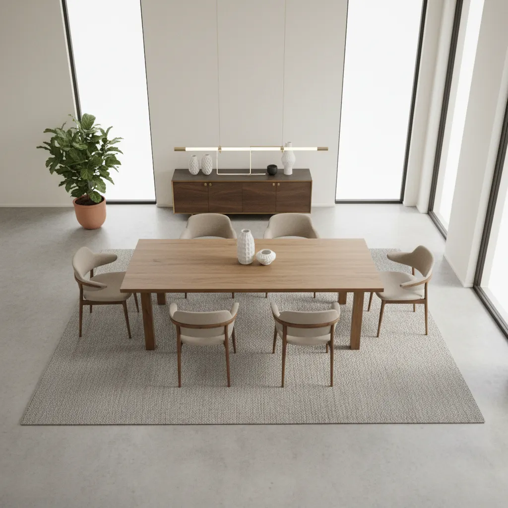 Top view layout diagram showing dining table and rug proportion planning