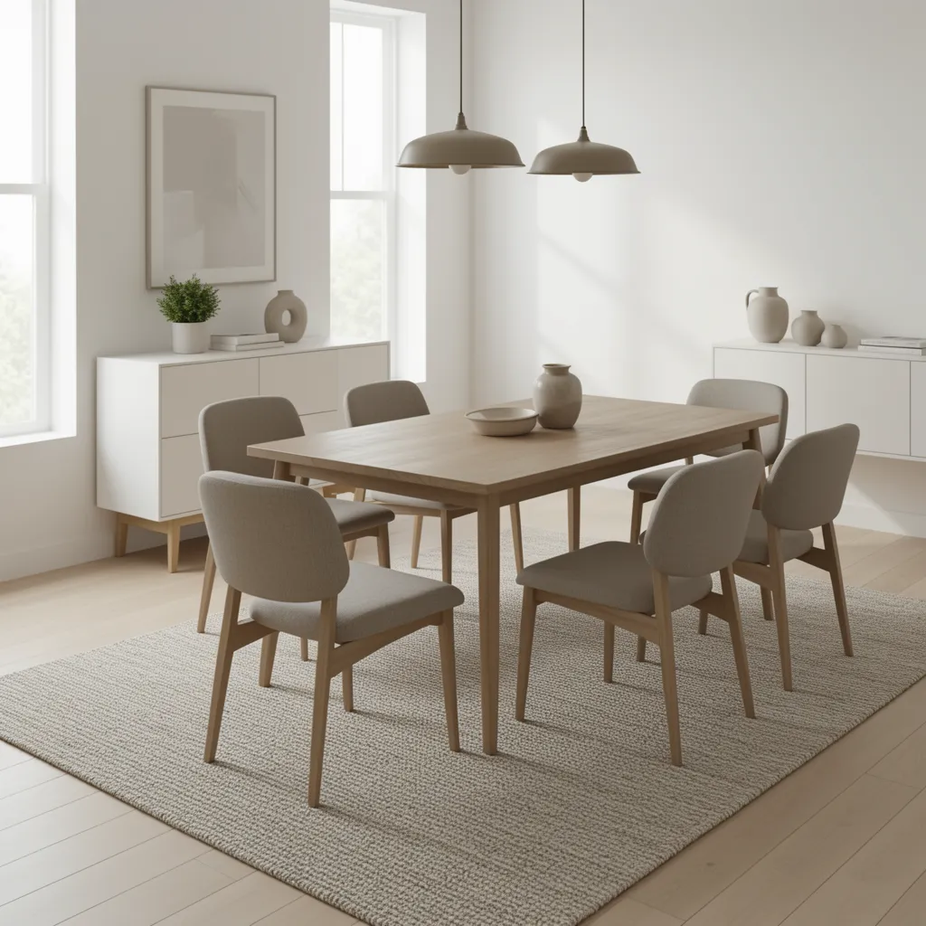 Low pile flatweave rug under dining table in modern dining room
